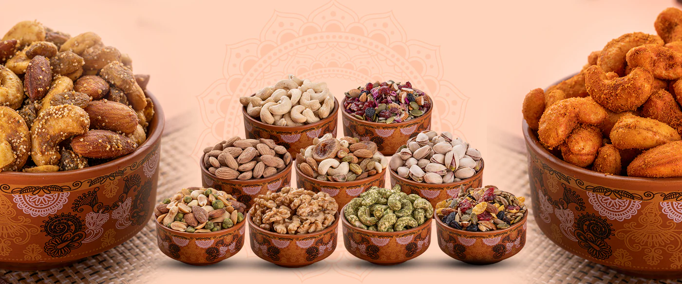 An assortment of delicious roasted namkeen in white bowls.