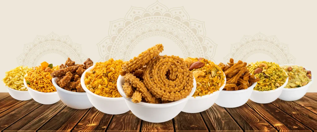 Assorted bowls of QuickNamkeen's delicious roasted namkeen varieties